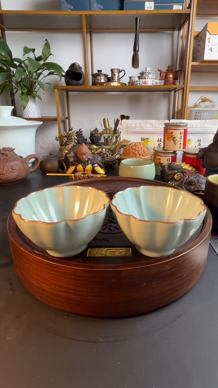 汝窑开片可养花口杯一对开播福利