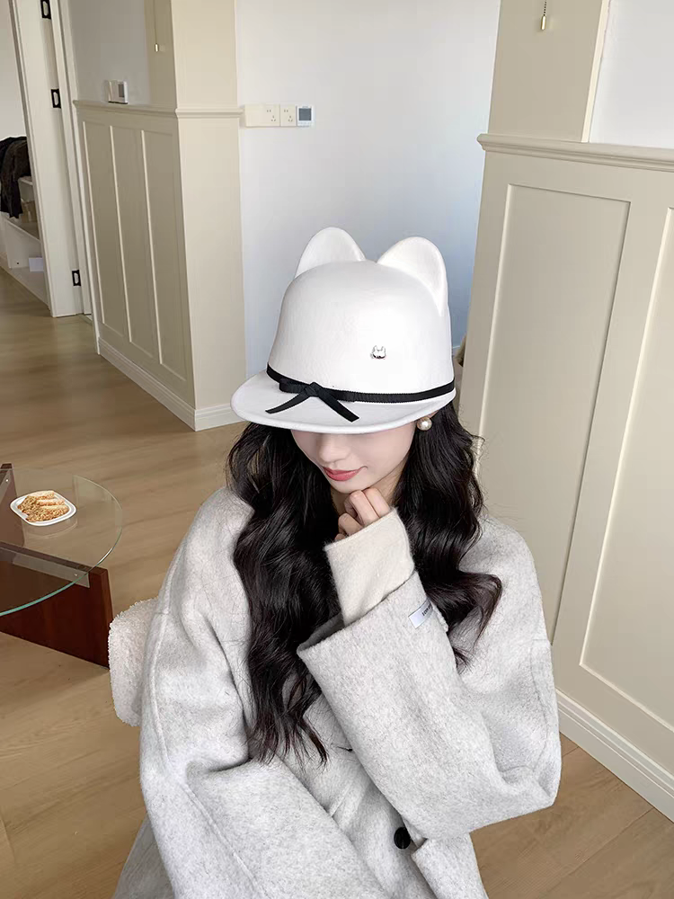 韩系帽子女新款秋冬毛呢礼帽时尚显脸小百搭鸭舌帽猫耳甜美学生猫