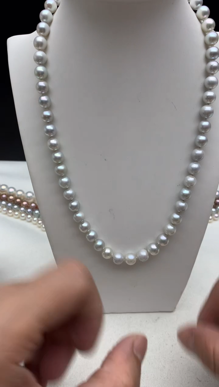 银S925镶嵌ff海水珍珠akoya灰珠串链7~8mm