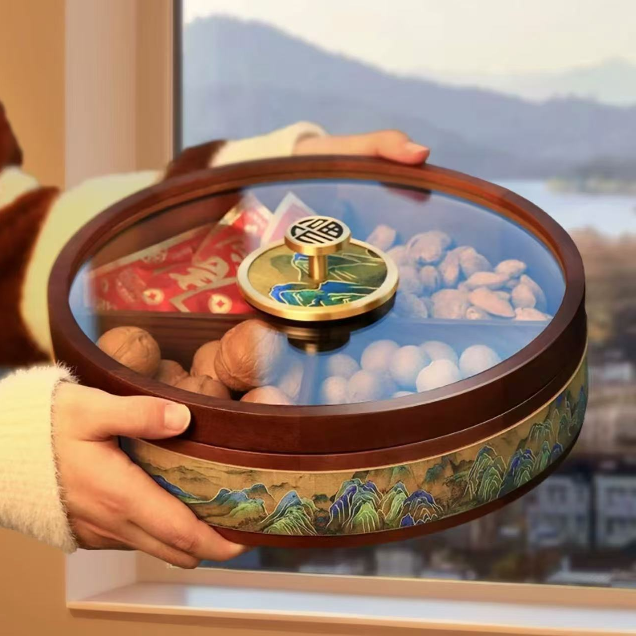 【奇居巍】新中式福字千里江山干果盒新年客厅分隔收纳盒#FZ-317