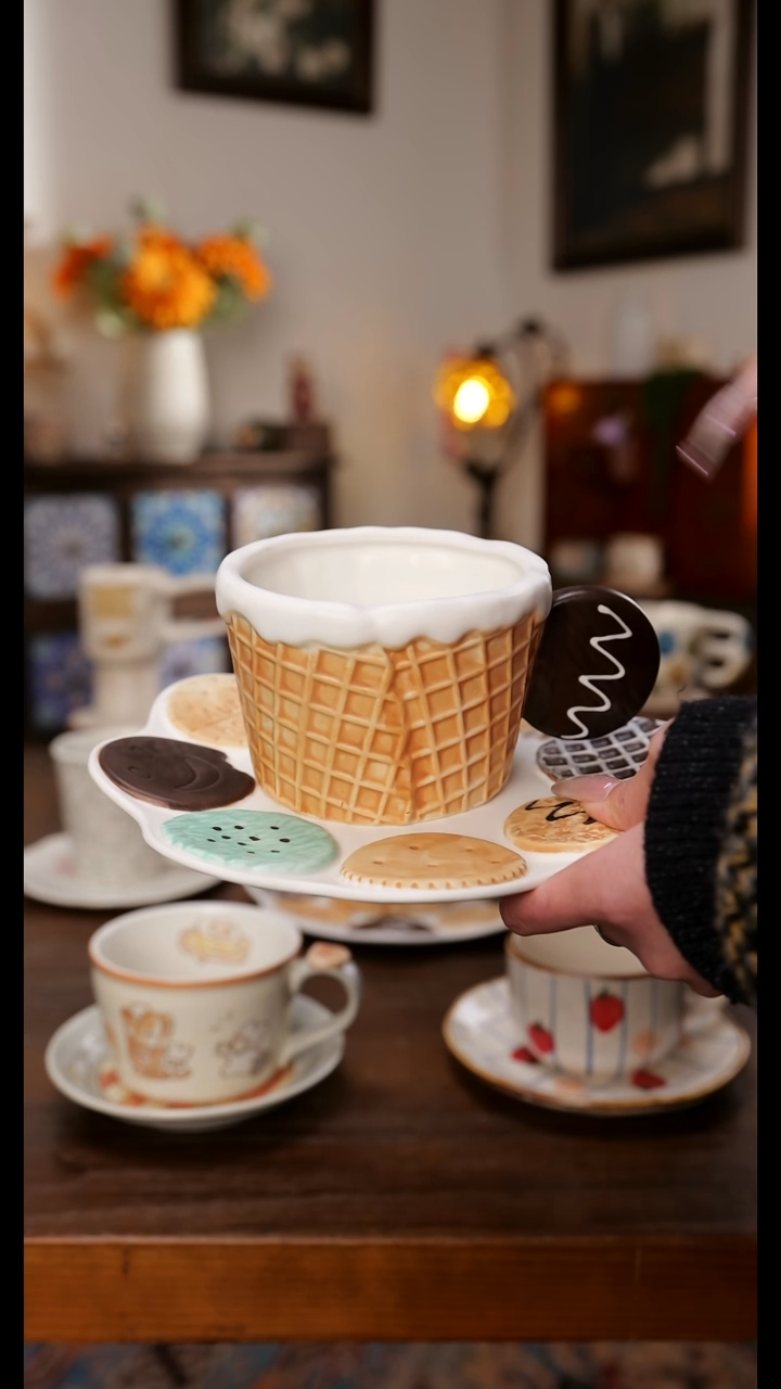 陶瓷便携款华夫饼杯碟