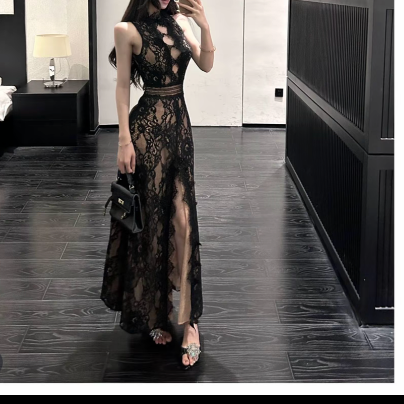 【9286】性感黑色蕾丝镂空挖肩连衣裙