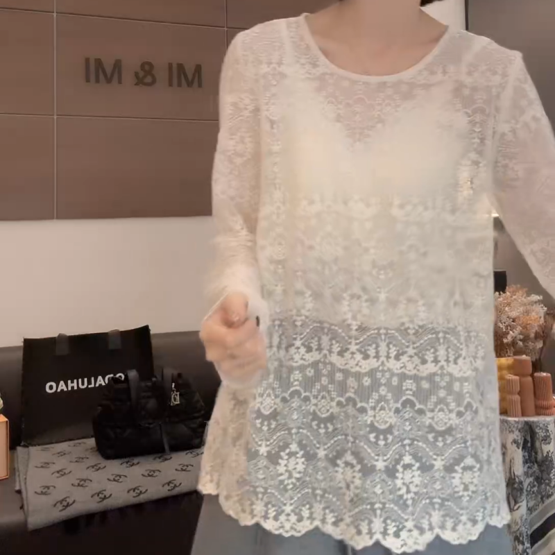 秋冬新款韩系欧若新中式百搭圆领蕾丝打底长袖上衣LK2508778