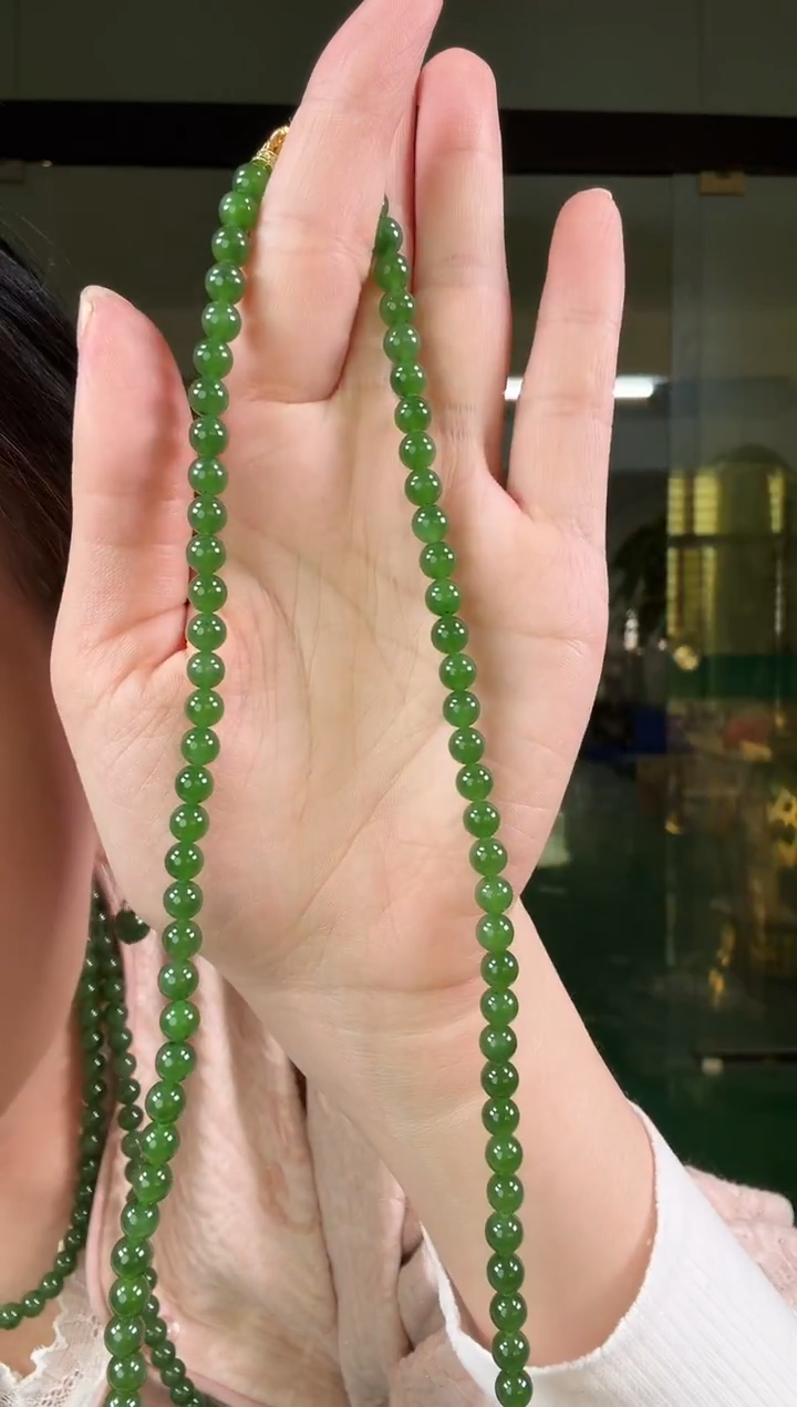 项链未镶嵌和田玉（碧玉）碧玉8mm菠菜绿项链三圈