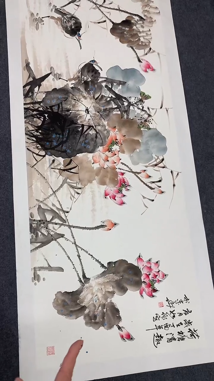 横款精品小六尺花鸟，荷塘
