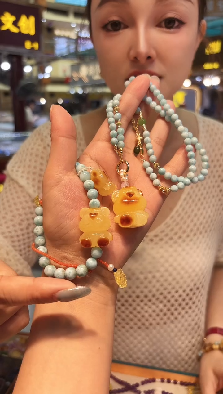 未镶嵌套链琥珀琥珀【  小熊项链套装  】多样性发一