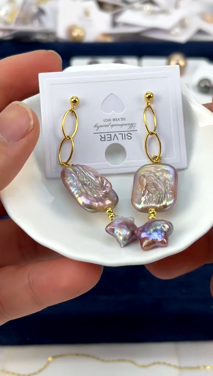 【闪购商品】淡水珍珠耳饰银S925镀金镶嵌巴洛克