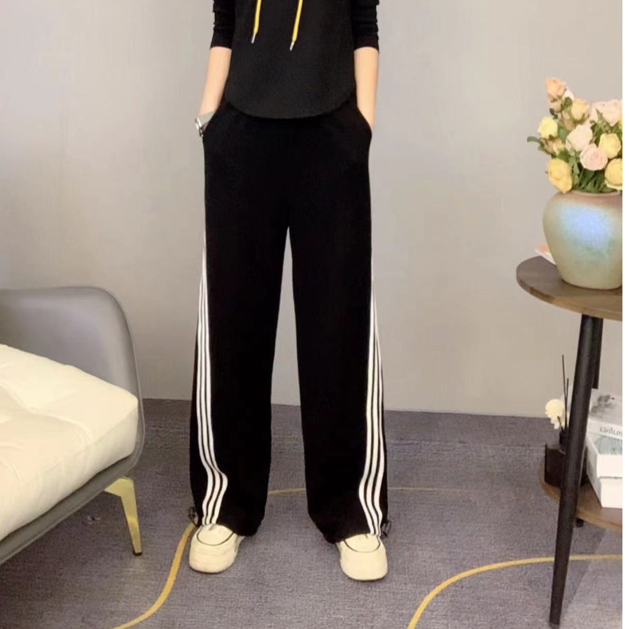 2025春季新款时尚女装竖条纹气质显瘦休闲百搭直筒长裤AHX2505
