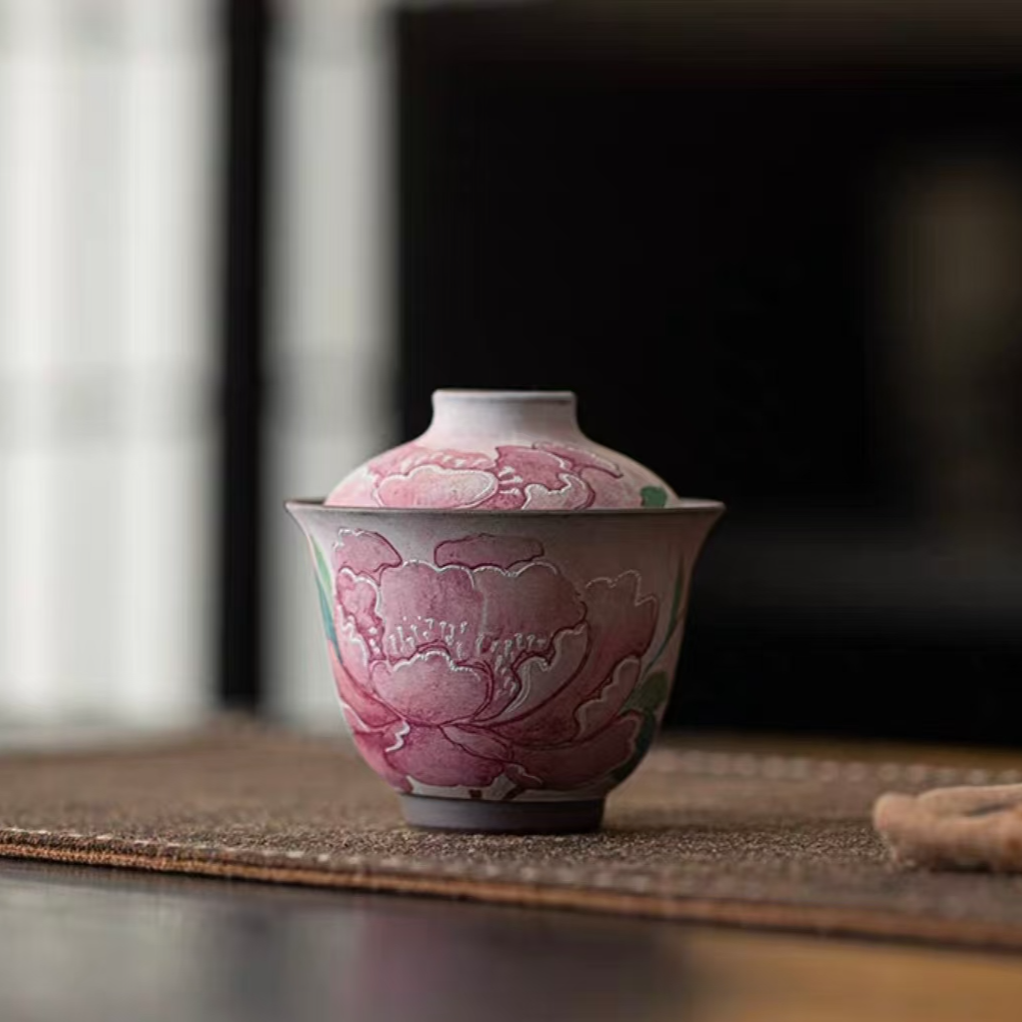 老岩泥白泥富贵牡丹二才盖碗