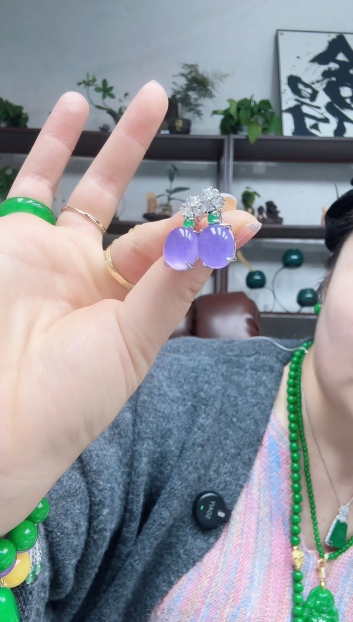 银S925镶嵌翡翠耳饰妖紫耳钉