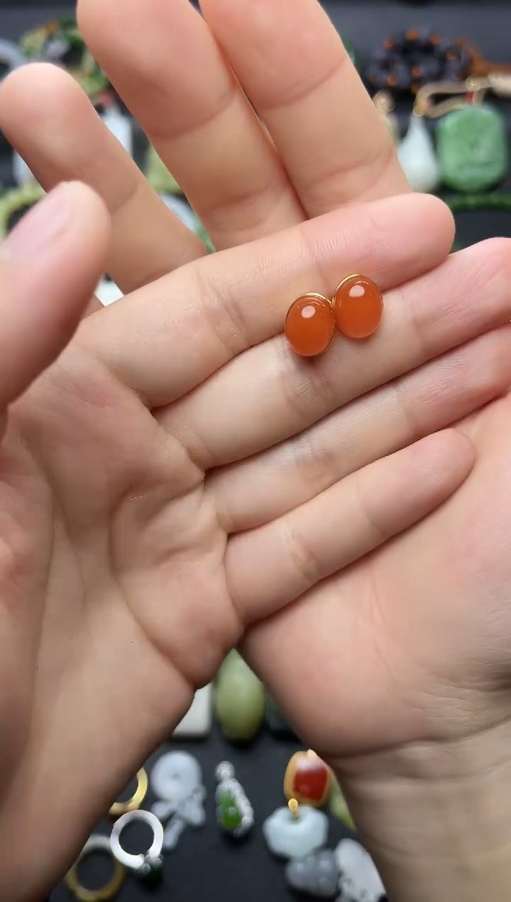 银S925镶嵌耳饰南红玛瑙蛋面耳钉06