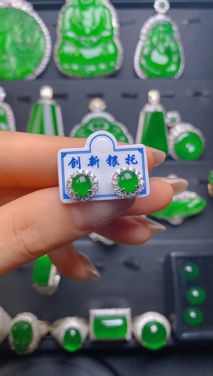 翡翠银S925镶嵌耳钉耳钉