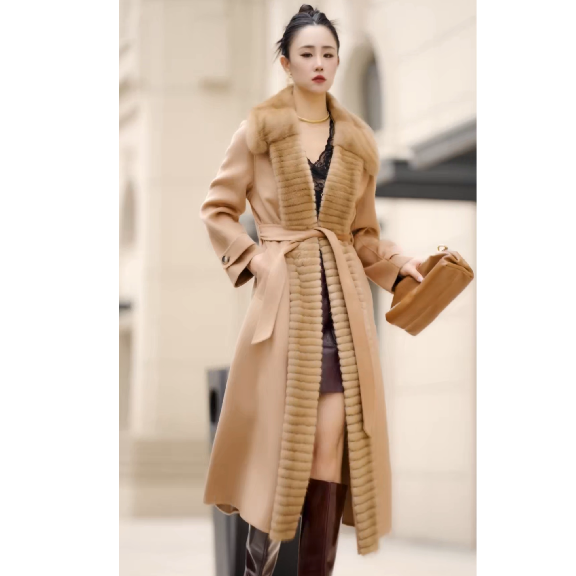 6115525 羊绒10 桑蚕丝20 羊毛70 轻奢长款毛呢外套女双面呢大衣