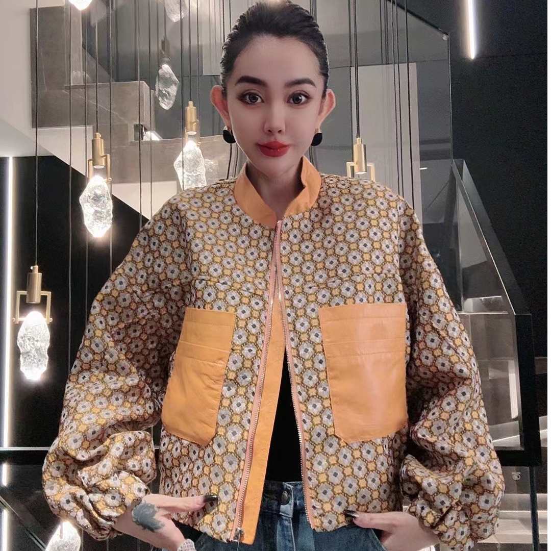 LEDS 25126春暖向阳*春季小花时尚潮流拼接皮衣外套