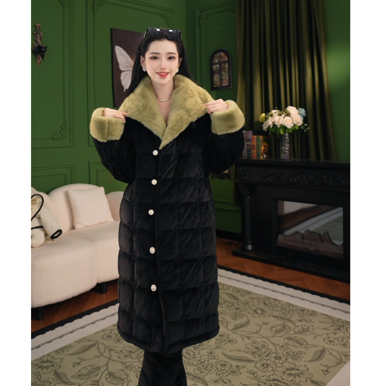 【绿金暖绒】黑绿色冬季加厚两用领三层夹绵时尚家居服套装款大衣女