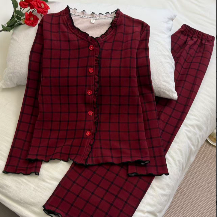 睡衣女款爆款2025新款冬季暖绒长袖长裤开衫带胸垫休闲家居服套装