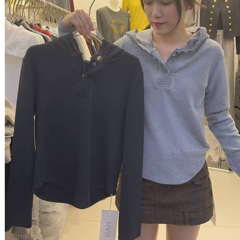 (售出不退换) 慵懒风蕾丝长袖女连帽套头款卫衣YQXX11WY04X5026