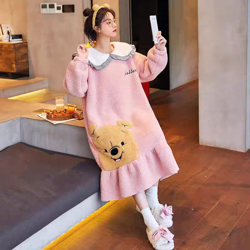珊瑚绒秋冬季加绒加厚家居服睡衣粉色睡裙黄色熊