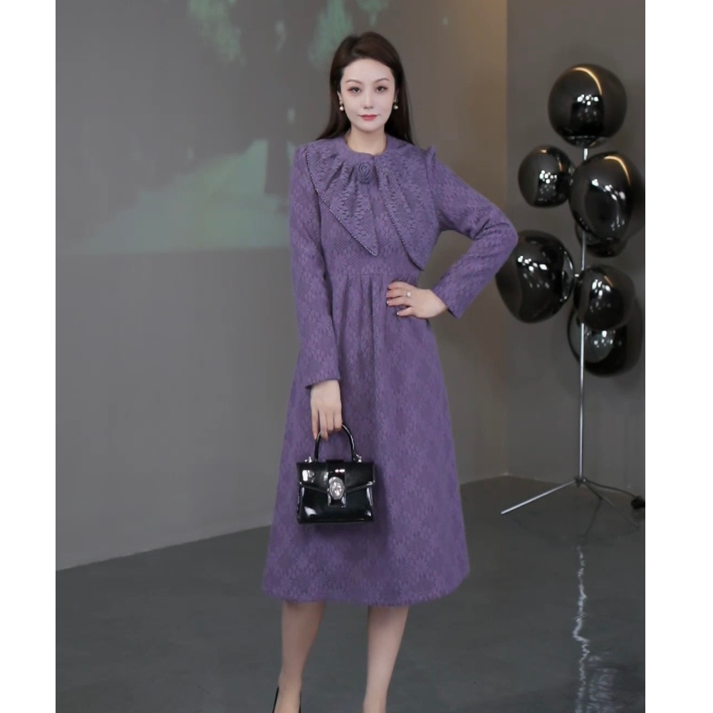 菲姐定制大码女装冬季新款显瘦百搭气质紫色加绒连衣裙241523