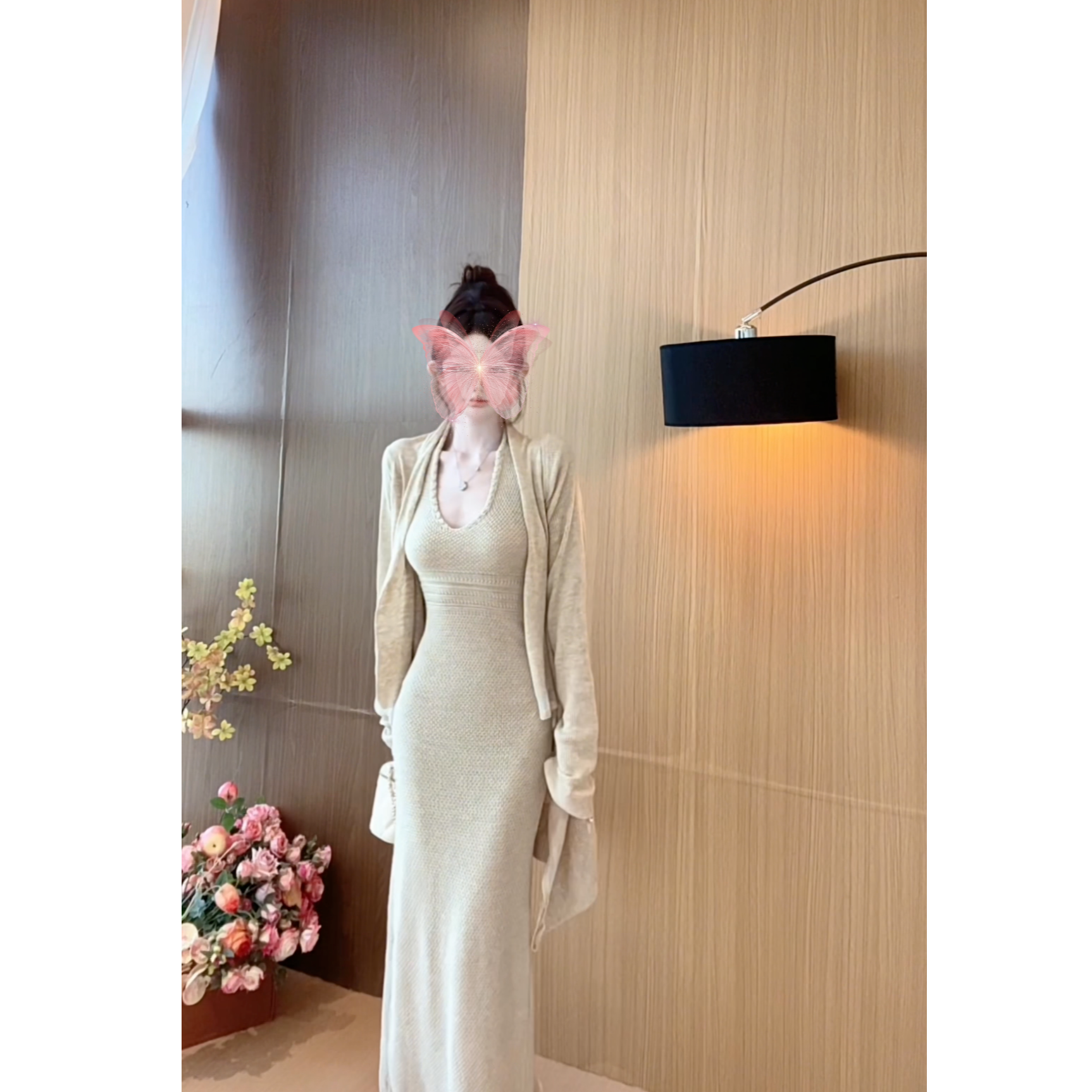 【晚晚推荐】秋季新款挂脖气质收腰长裙打底连衣裙长袖外套（无胸垫）
