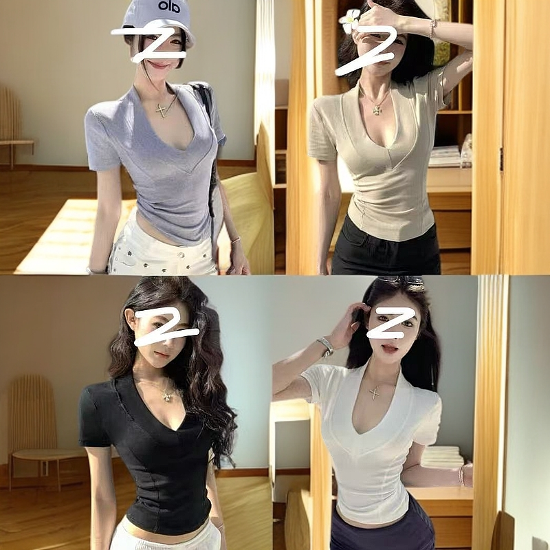 2025气质网红正肩夏季大V领设计款修身显瘦洋气百搭简约短袖T恤女