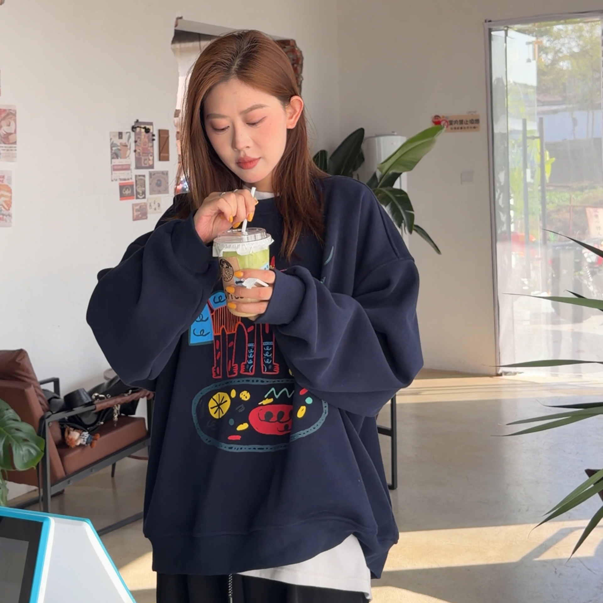 橘子罐头冬季新款加绒加厚百搭复古韩版慵懒风长袖圆领印花卫衣