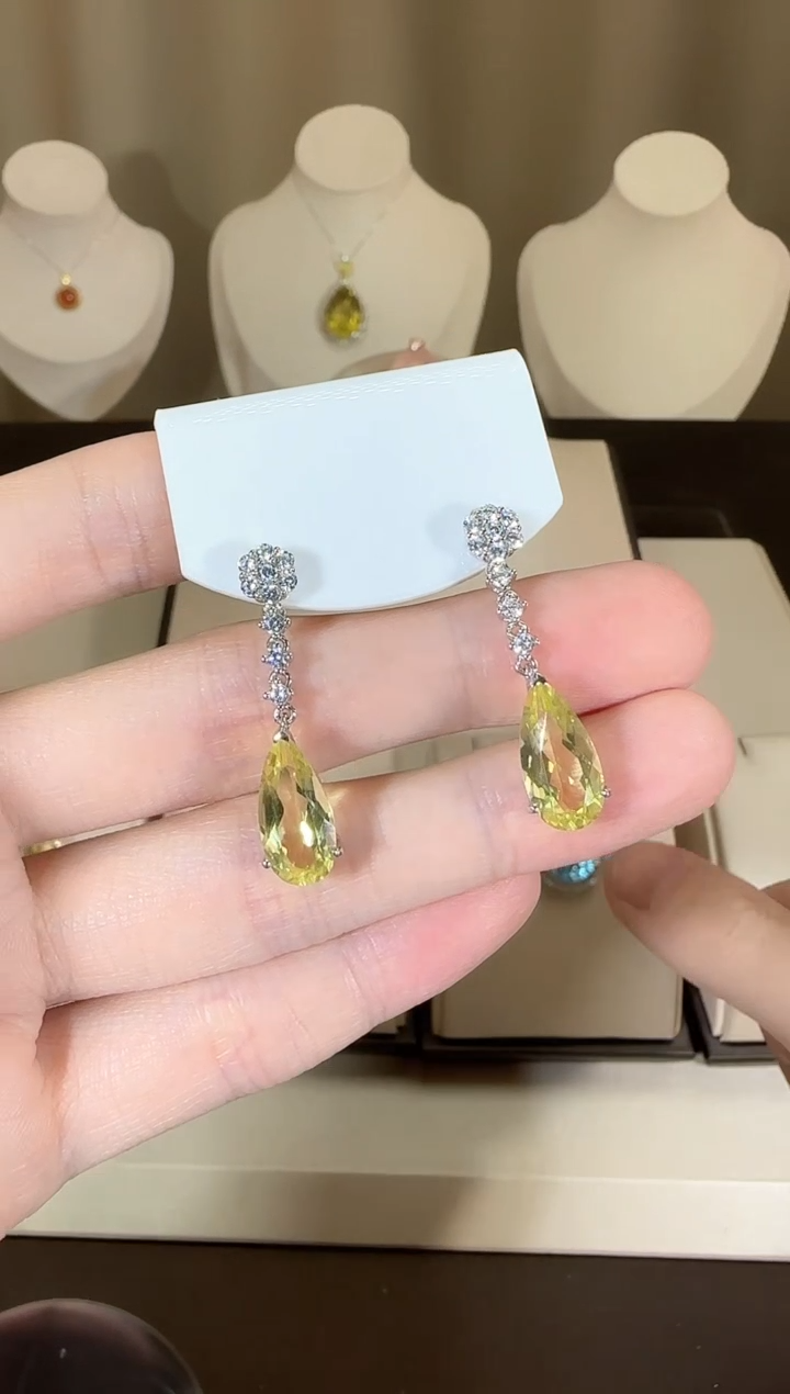 【闪购商品】水晶耳饰银S925镶嵌柠檬晶耳坠8*15mm