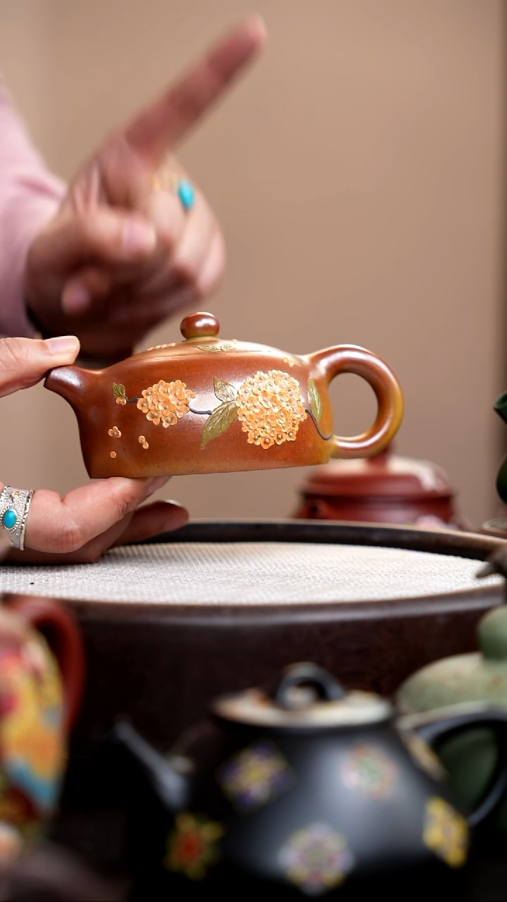 茶壶紫砂003   柴烧半月泥绘绣球花