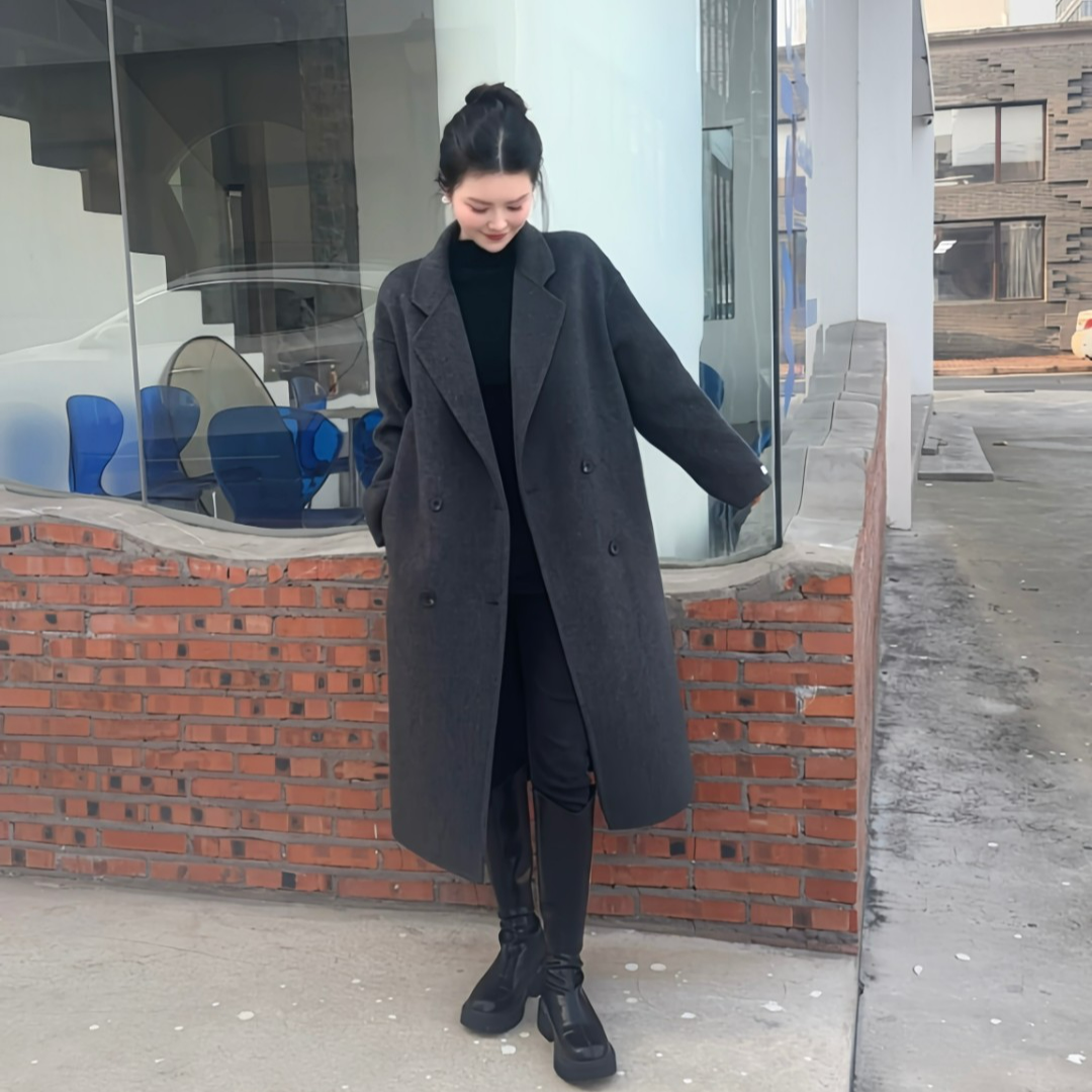 【绒间慢絮】100%初剪羊毛双面羊毛中长款大衣小个子经典四粒扣外套