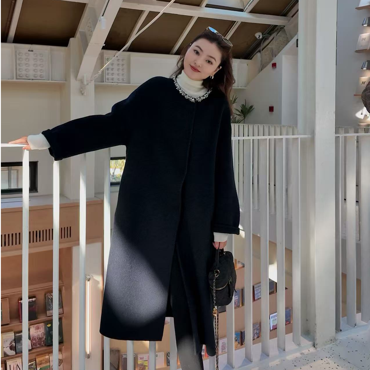 【Caya】小众时尚设计师贝壳珠珠领羊毛长款不挑人百搭气质大衣