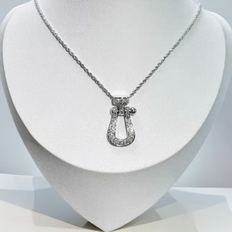 99新 FRED/斐登 FORCE10  18K白金中号满钻马蹄扣项链19年W53691