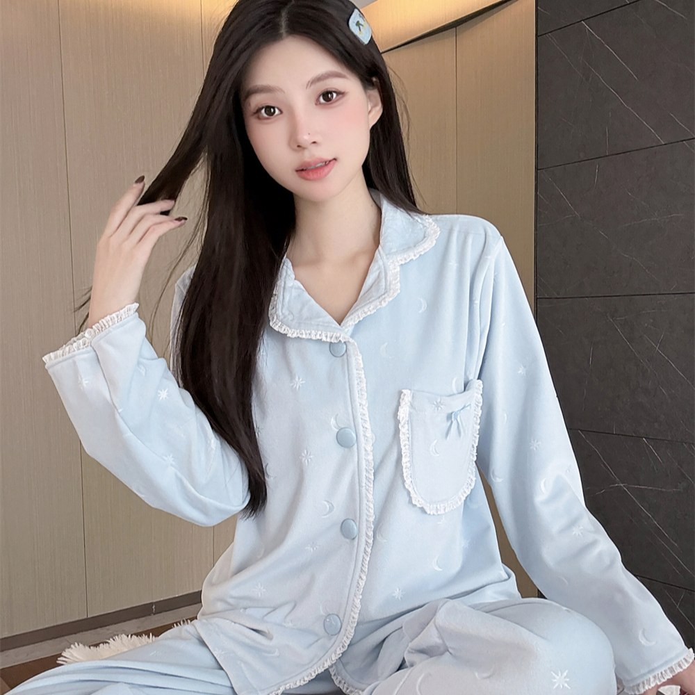 2025新款海岛绒秋冬睡衣套装女款翻领家居服宽松休闲冬