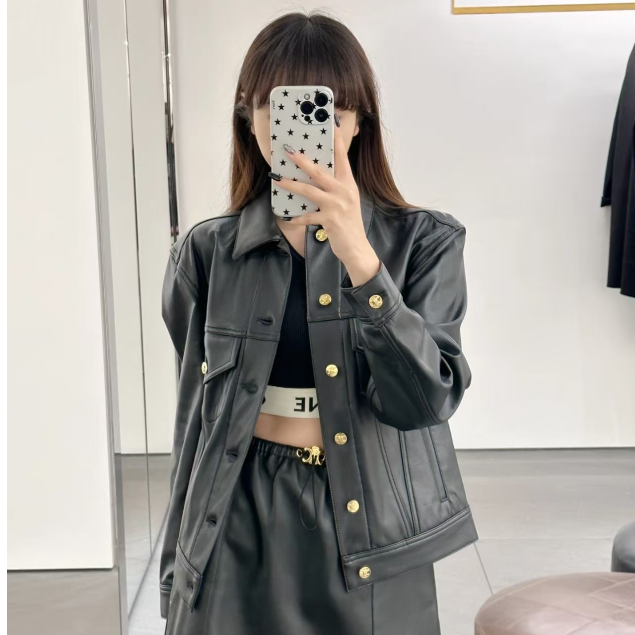 未使用 Celine/思琳 金扣皮衣 黑色/XS