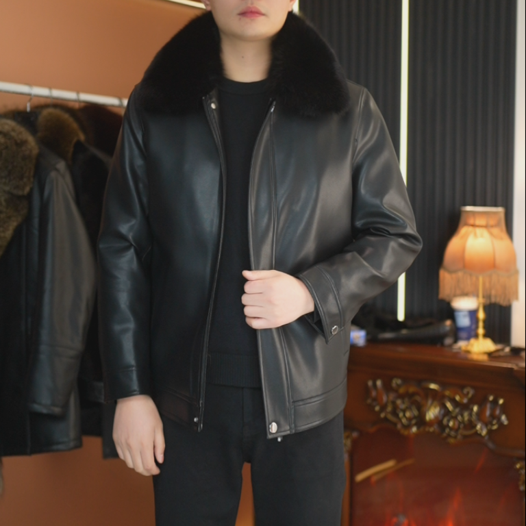 2025新款狐狸毛领头层绵羊皮真皮潮流休闲男士冬季夹克加厚款