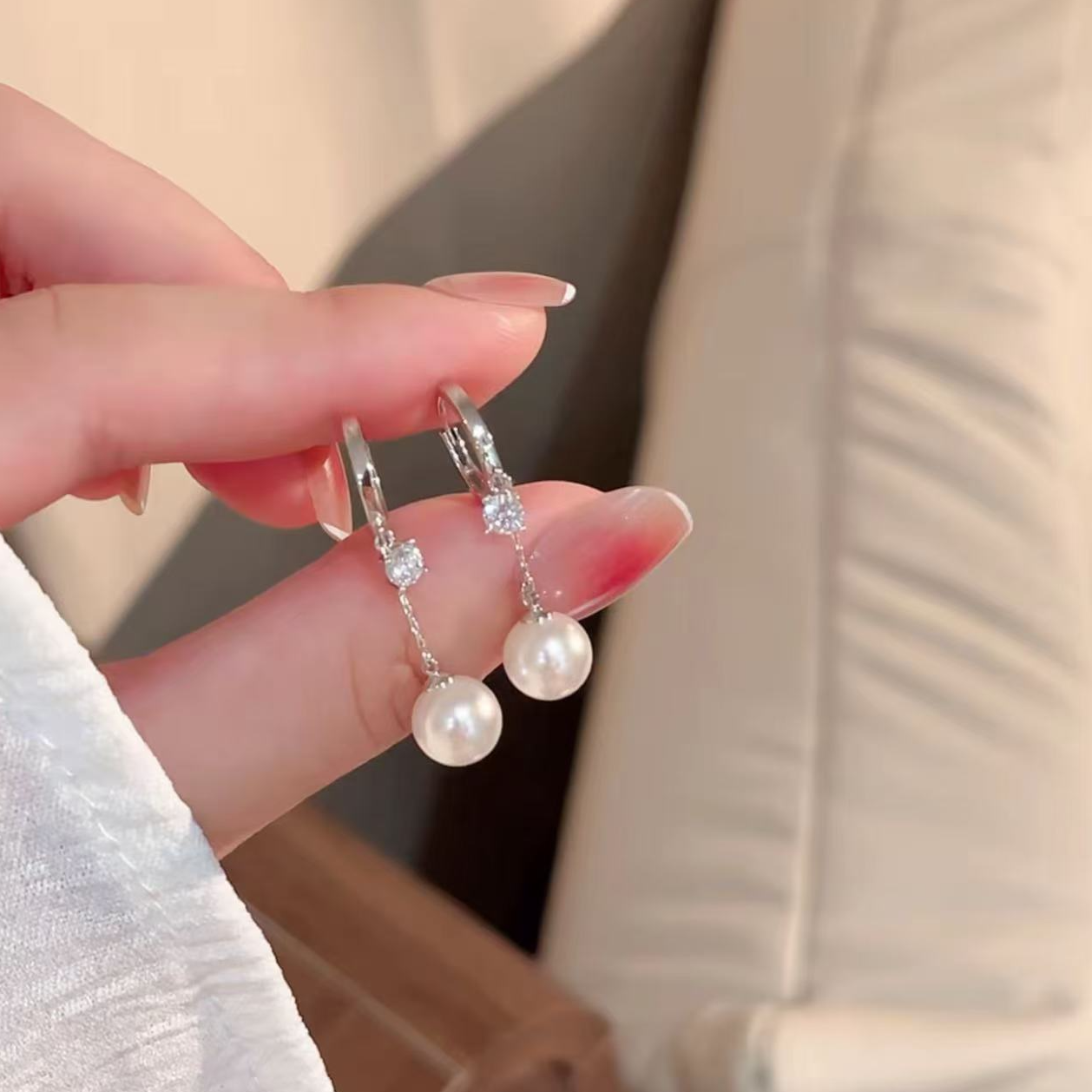 925银针新中式长款仿珍珠流苏耳环气质简约法式优雅精致复古耳饰