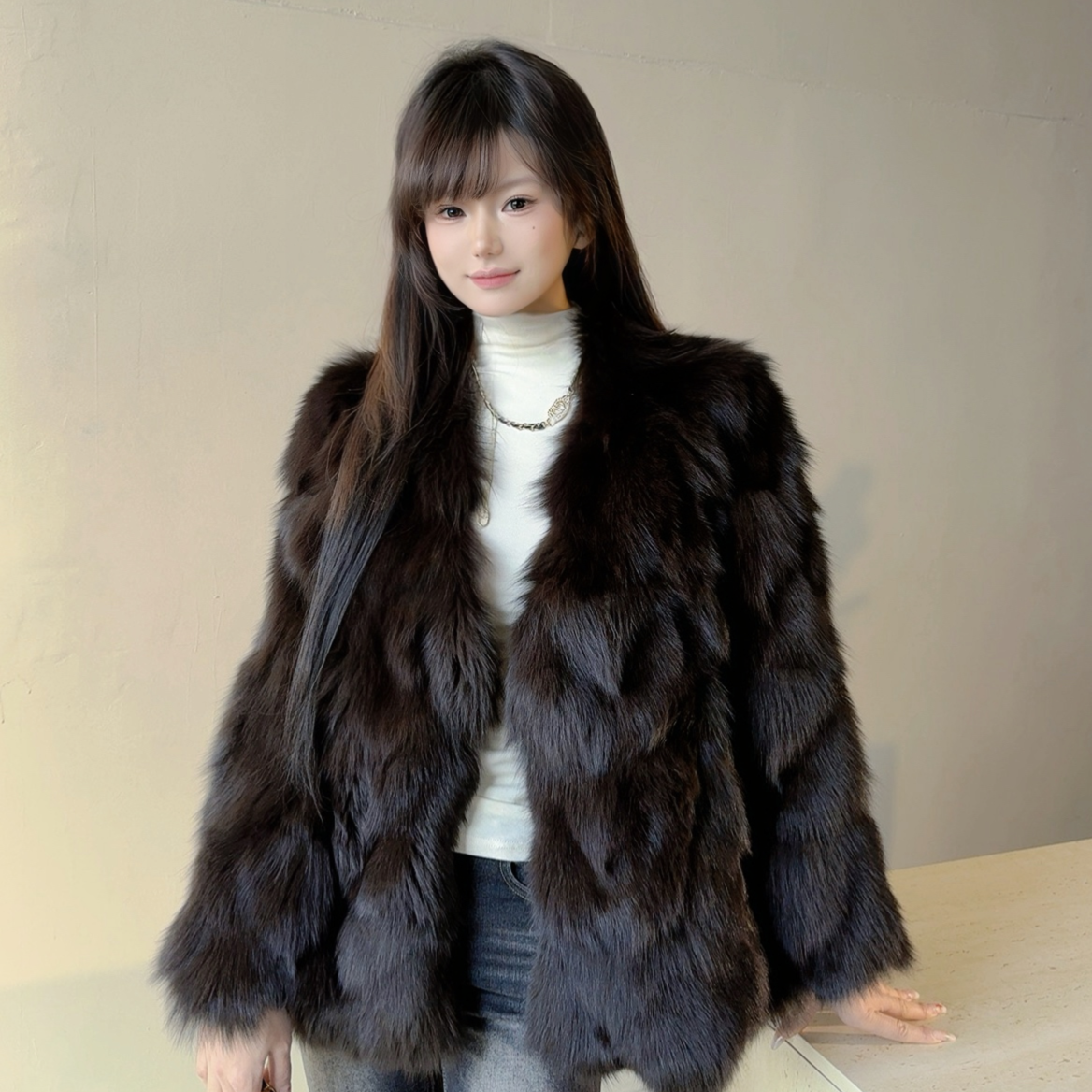 简赫本芬兰进口狐狸毛皮草外套女冬季短款v领显瘦