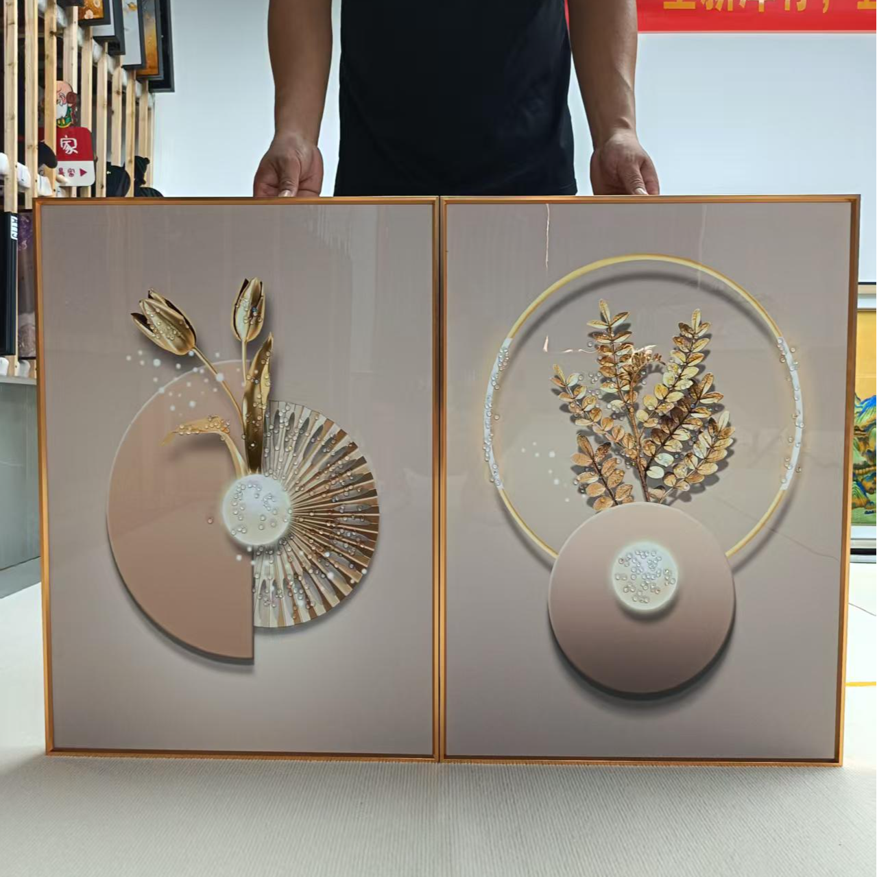 晶瓷镶钻简约大气轻奢客厅两联晶瓷画百搭沙发背景墙壁画金花5070