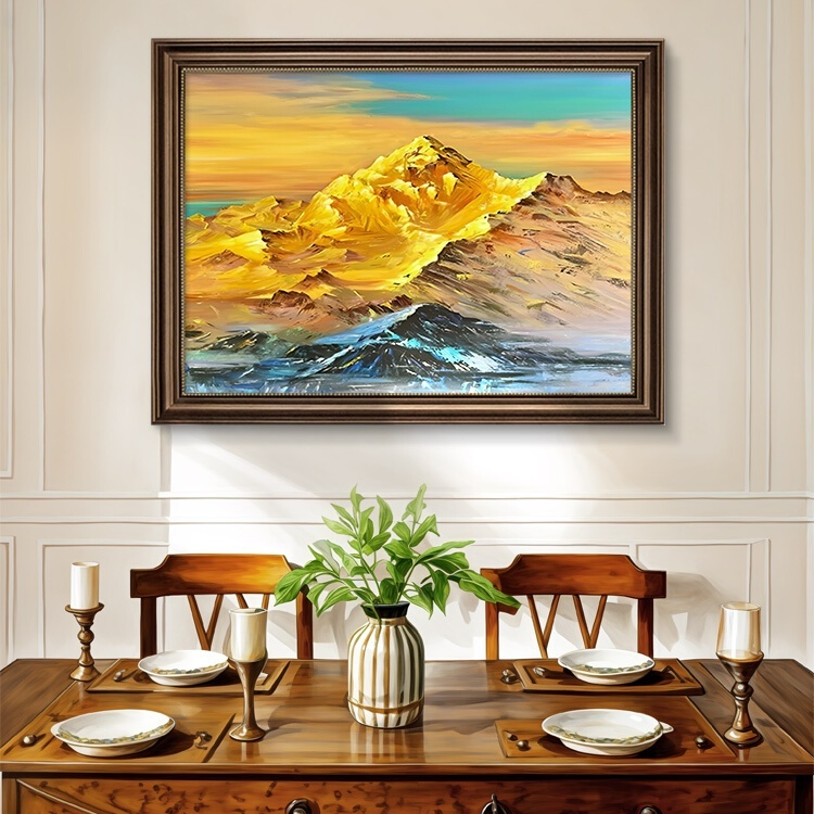 日照金山餐厅装饰画饭厅背景墙挂画复古油画山水画背有靠山高级感