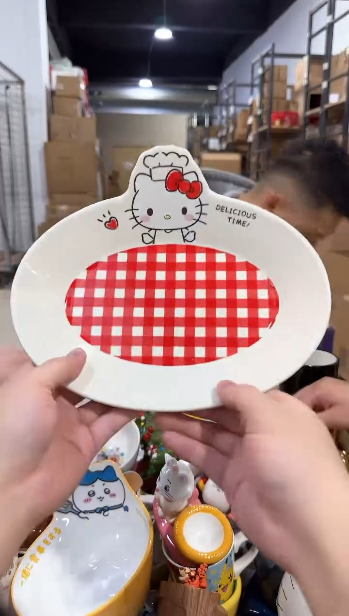 瓷片原盒kt猫红格子餐盘