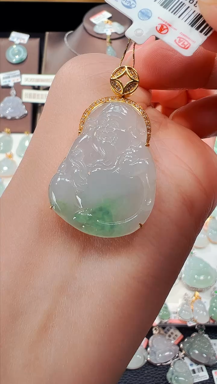 【闪购商品】翡翠吊坠(不含链)18K金镶嵌财神爷吊坠A01