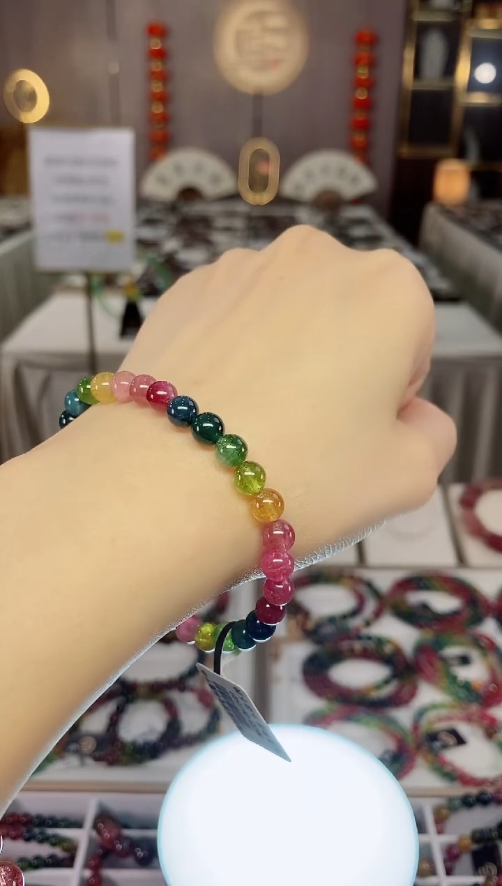 老矿碧玺色标彩虹单圈手串6mm+未镶嵌碧玺dan多样性发货一条