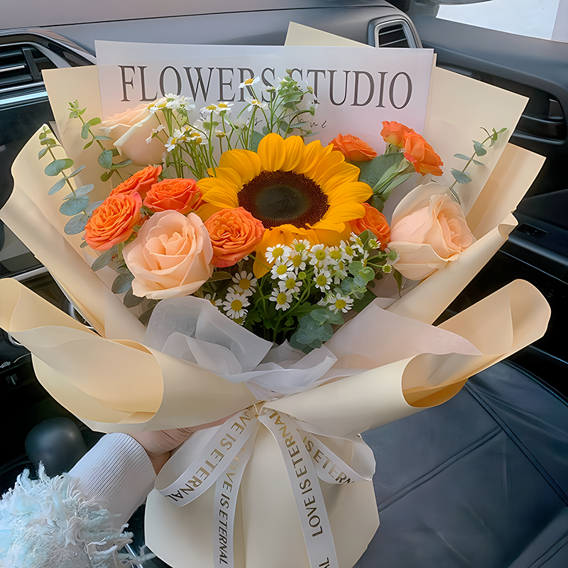 【向阳生长】1枝向日葵3枝香槟玫瑰搭配洋甘菊混搭花束送女友礼物花店送花上门