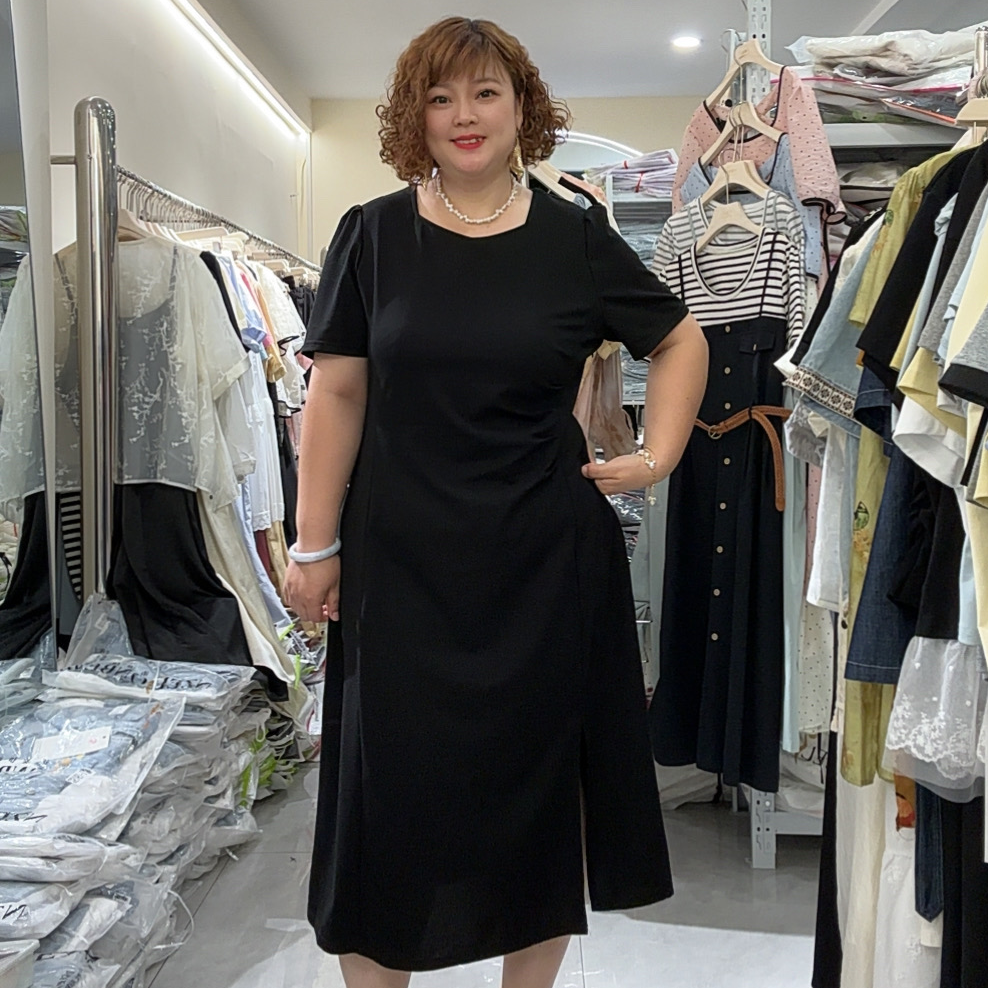 96665褶皱方领侧开叉长裙气质A字裙连衣裙夏季胖mm大码中长款裙子