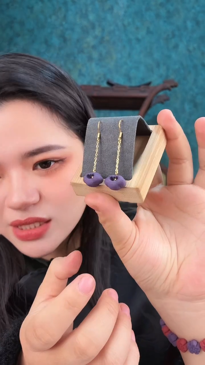 珠串紫气东来香方如意耳环一对