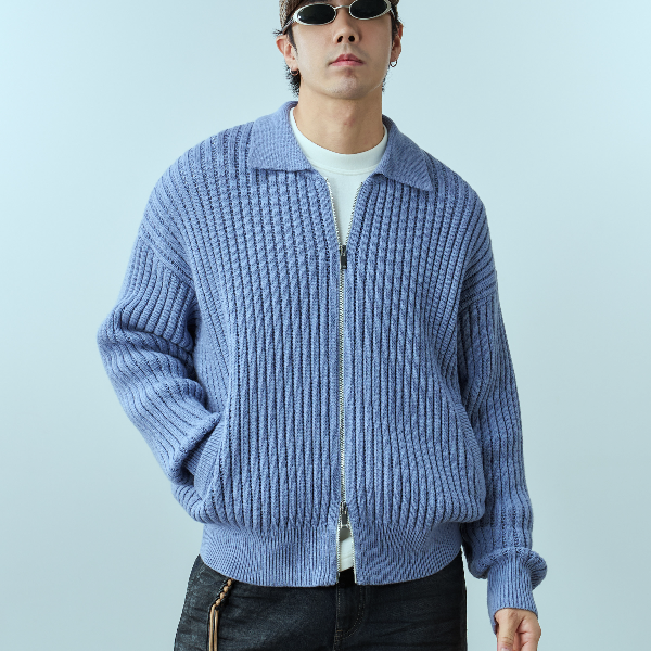 TANOXI M005 70%美丽诺羊毛/拉链POLO领 元宝针毛衣 开衫针织衫