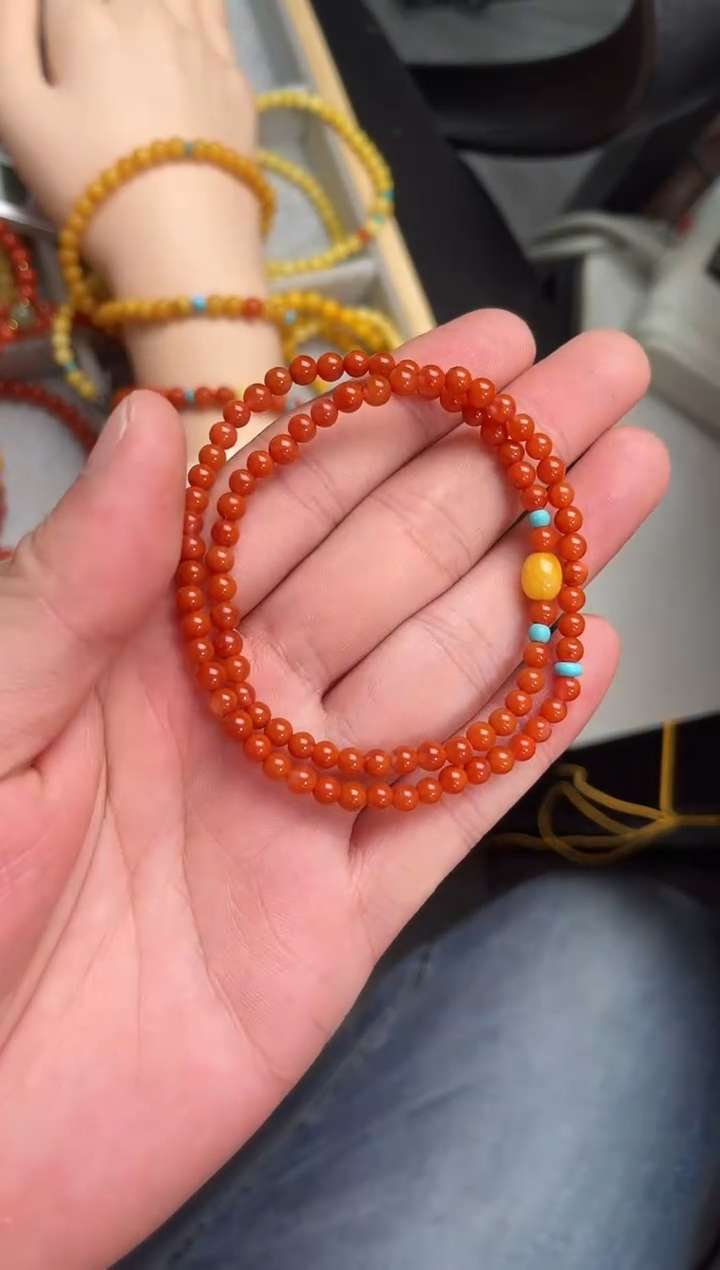 手串未镶嵌南红玛瑙南红柿子红双圈蜜蜡QF-B73