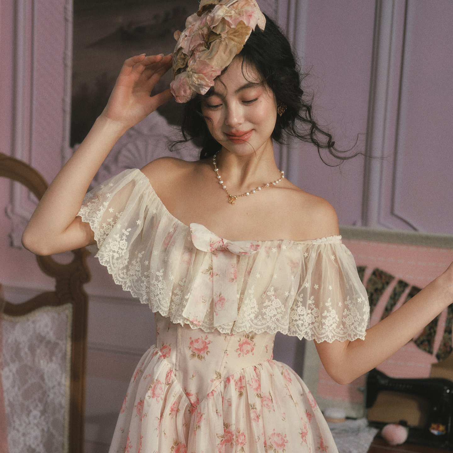 LaceMade 小茜茜公主 法式甜美公主裙粉色短款鱼骨连衣裙小个子女