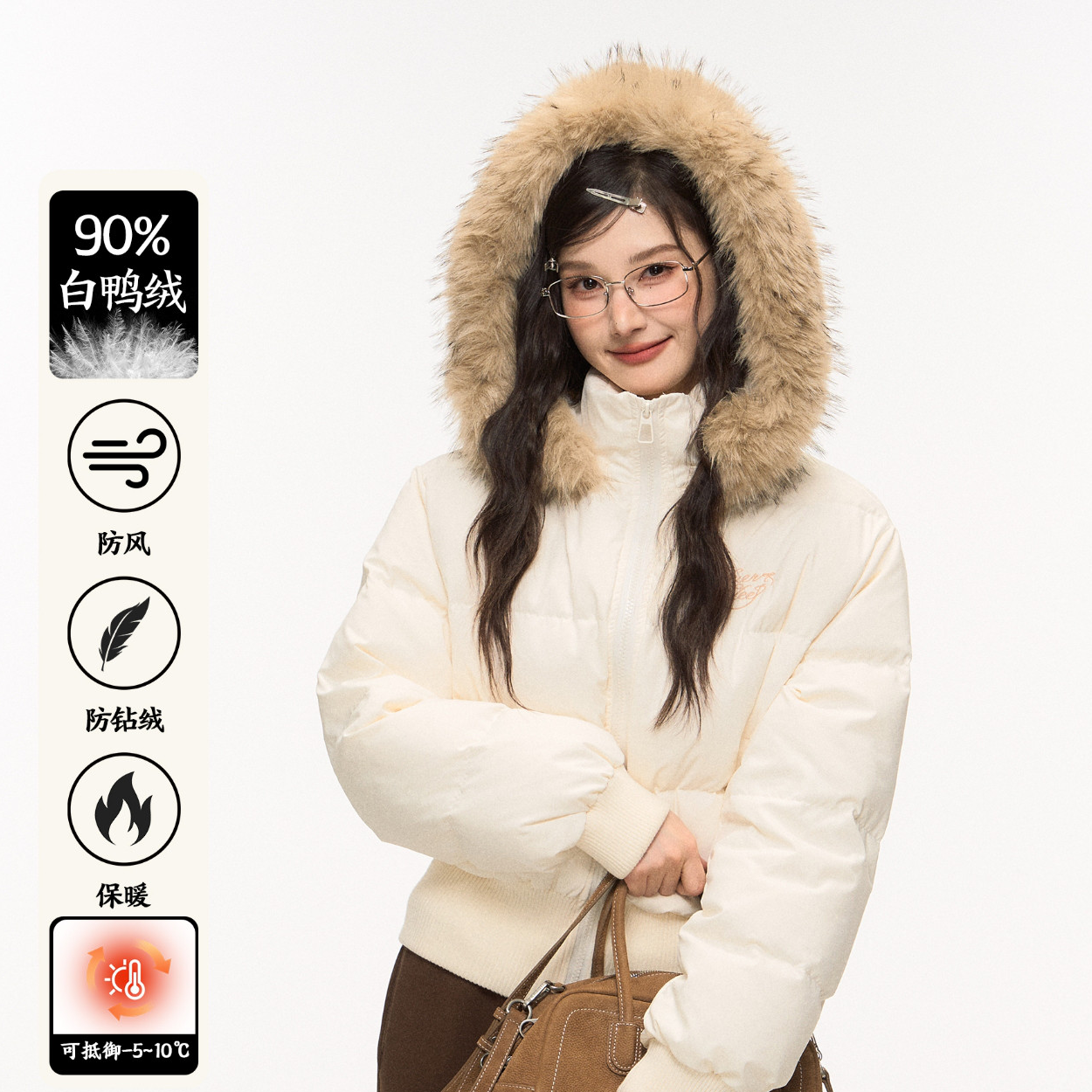 ELEVEN SLEEP大毛领连帽羽绒服女冬季短款韩系保暖派克服长袖上衣