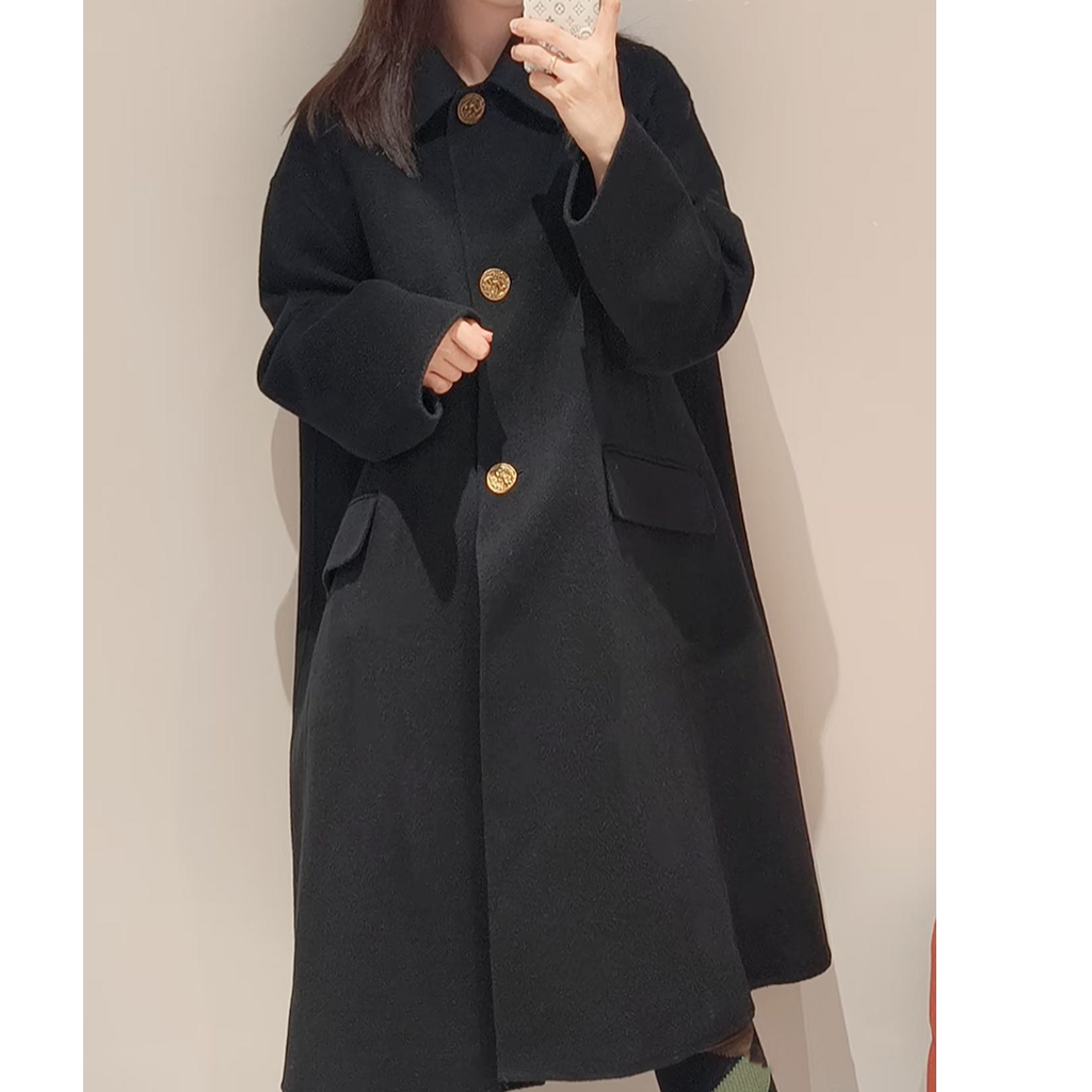 宝丫轻奢  女式复古气质浮雕金扣A字廓形翻领毛呢大衣外套W243