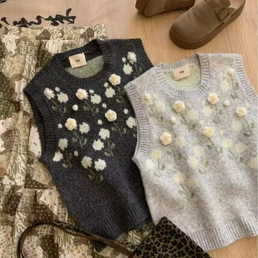 【七七】针织毛针织衫马甲百搭时尚慵懒风冬季厚款毛衣花朵